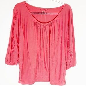Garnet Hill coral gathered neckline 3/4 sleeve tee size Small